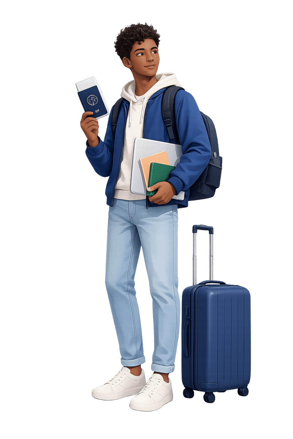 Étudiant prêt à partir avec ses documents de voyage